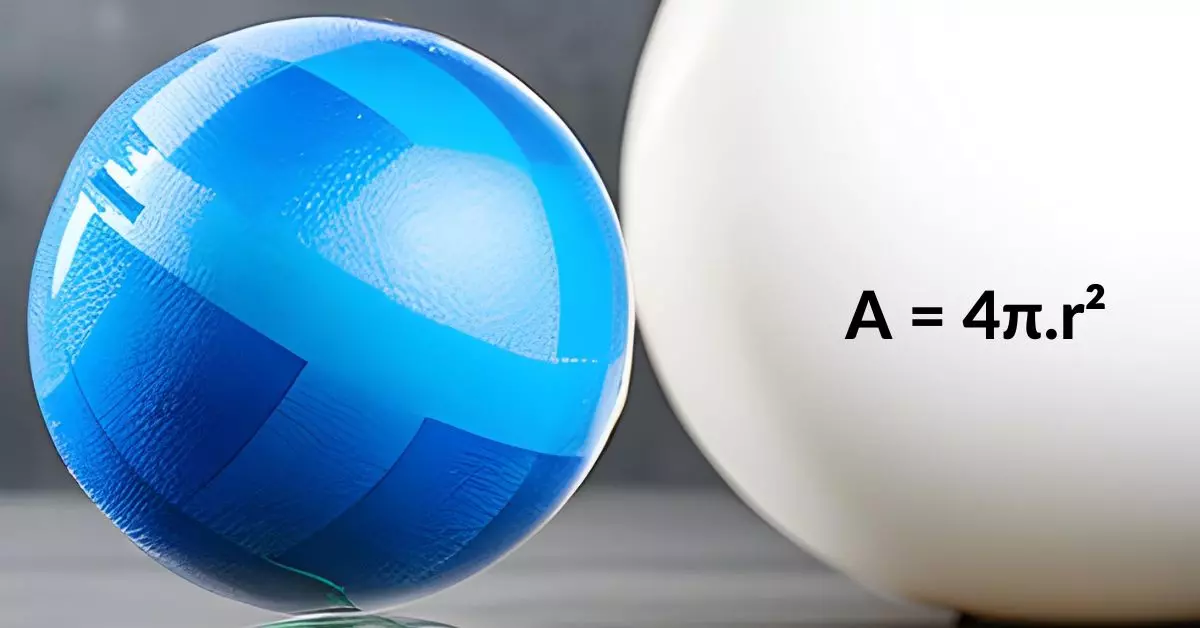 banner com uma esfera azul e a fórmula para calcular a área da esfera