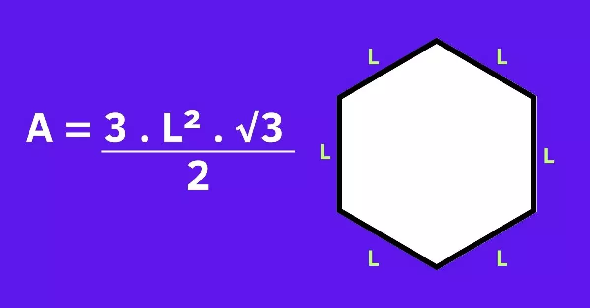 Desenho de um hexágono com a fórmula para calcular a sua área: a = 3 x L² x Raiz de 3 dividido por 2