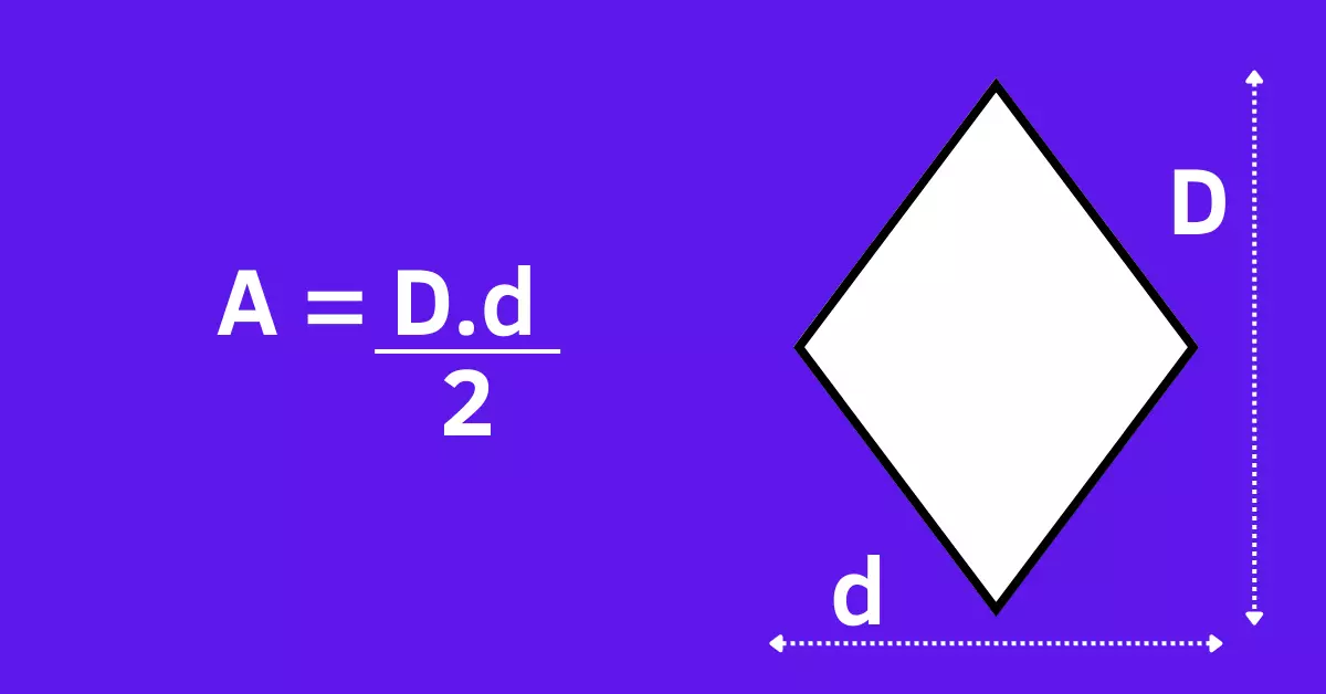 desenho de um losango com a fórmula para calcular área: A = D x d / 2