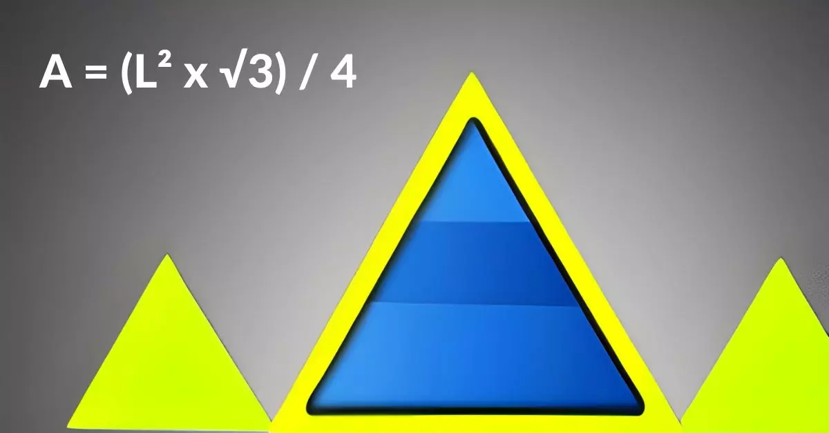 imagem com alguns triângulos equiláteros com a fórmula para calcular a área