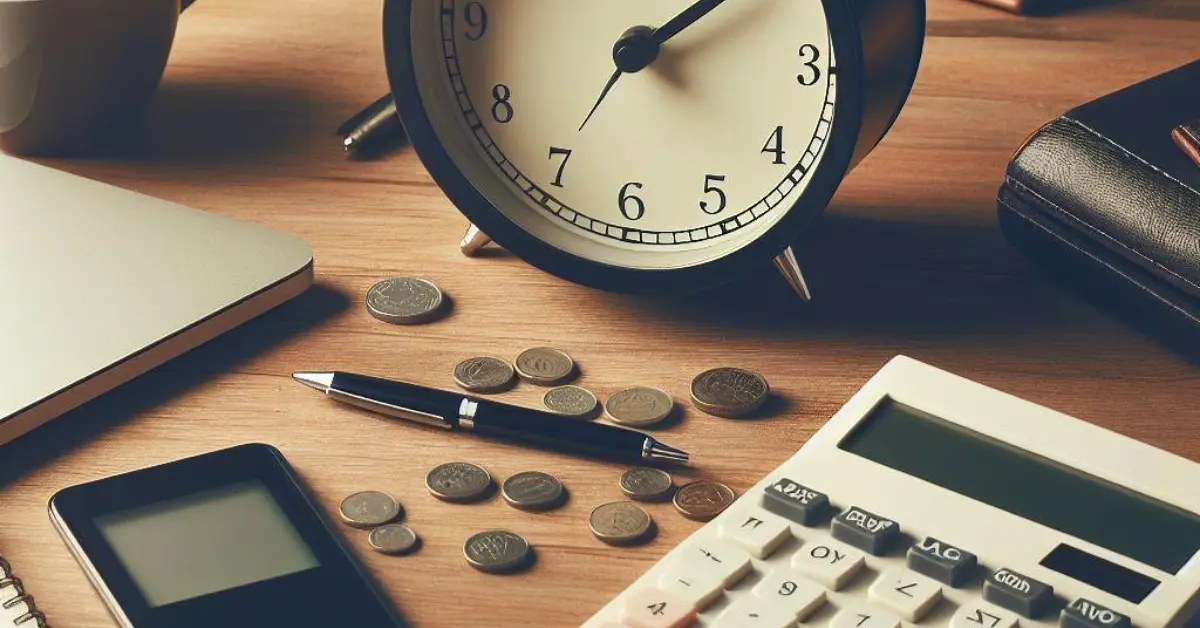 relógio sobre uma mesa de escritório com algumas moedas, caneta e calculadora